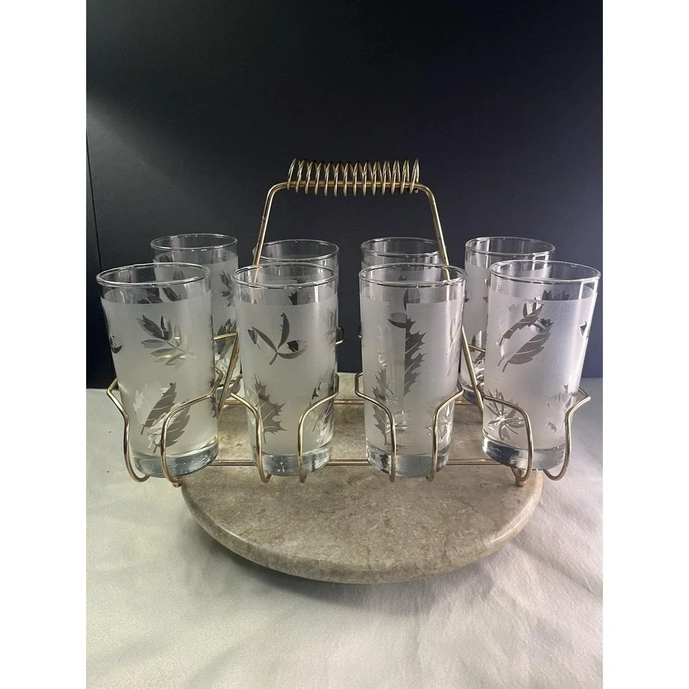 Beautiful 1960's Libbey Frosted Silver Leaf 8 Glasses W/Gold Caddy